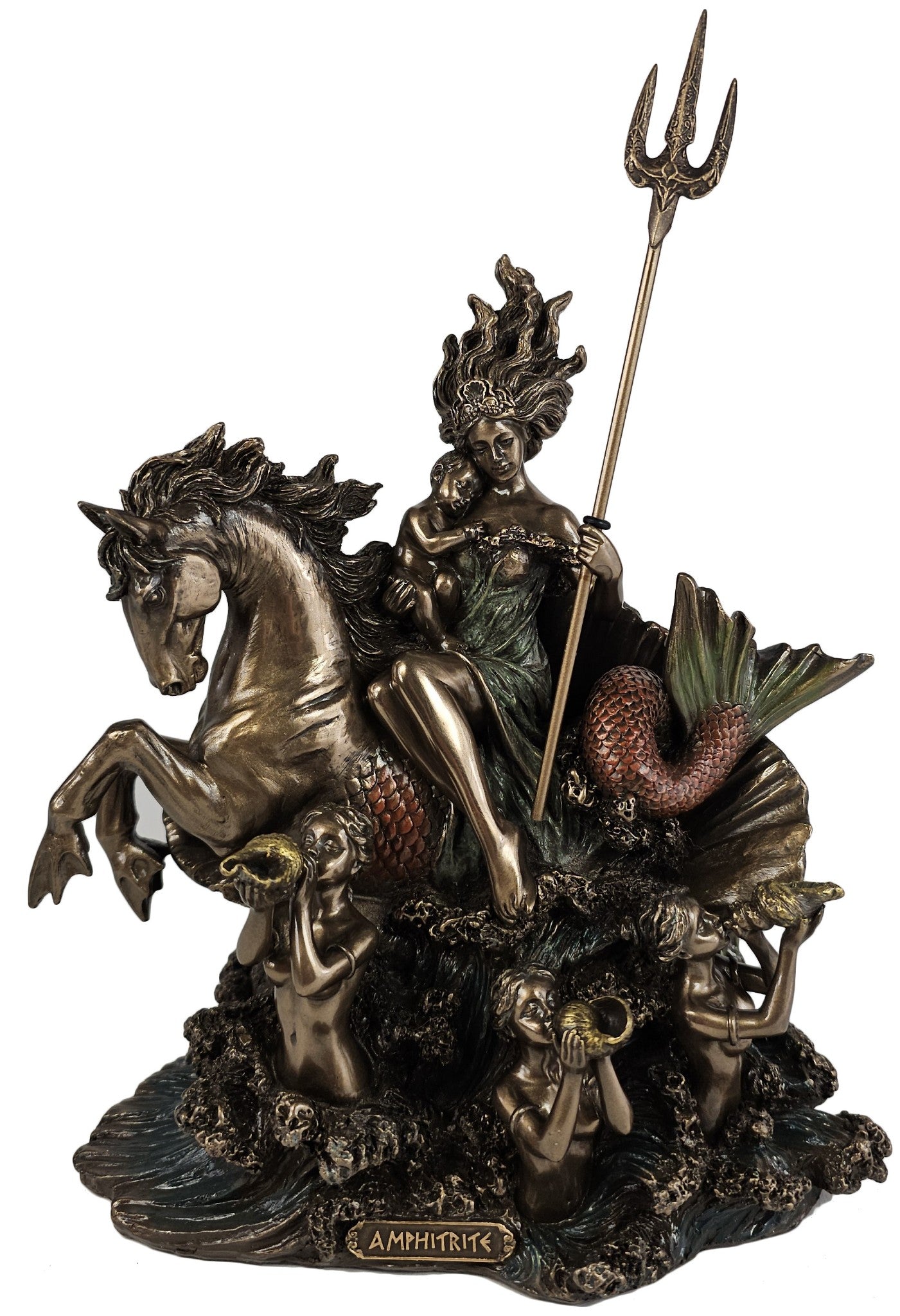 9 5/8" Amphitrite Greek Mythology Goddess Sea Hippocampus Statue Bronze Finish
