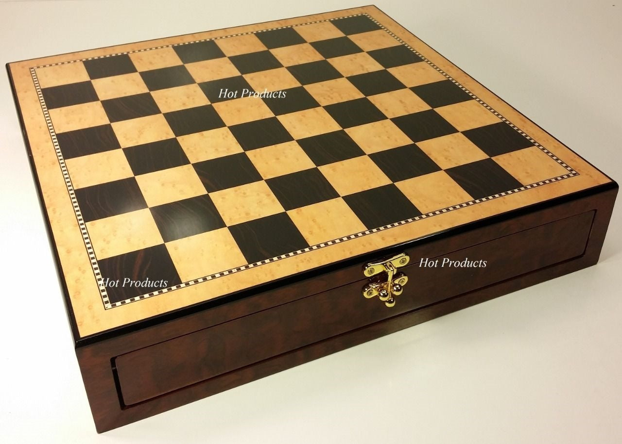 20" LARGE HIGH GLOSS STORAGE CHESS BOARD Walnut & Birdseye Maple Color