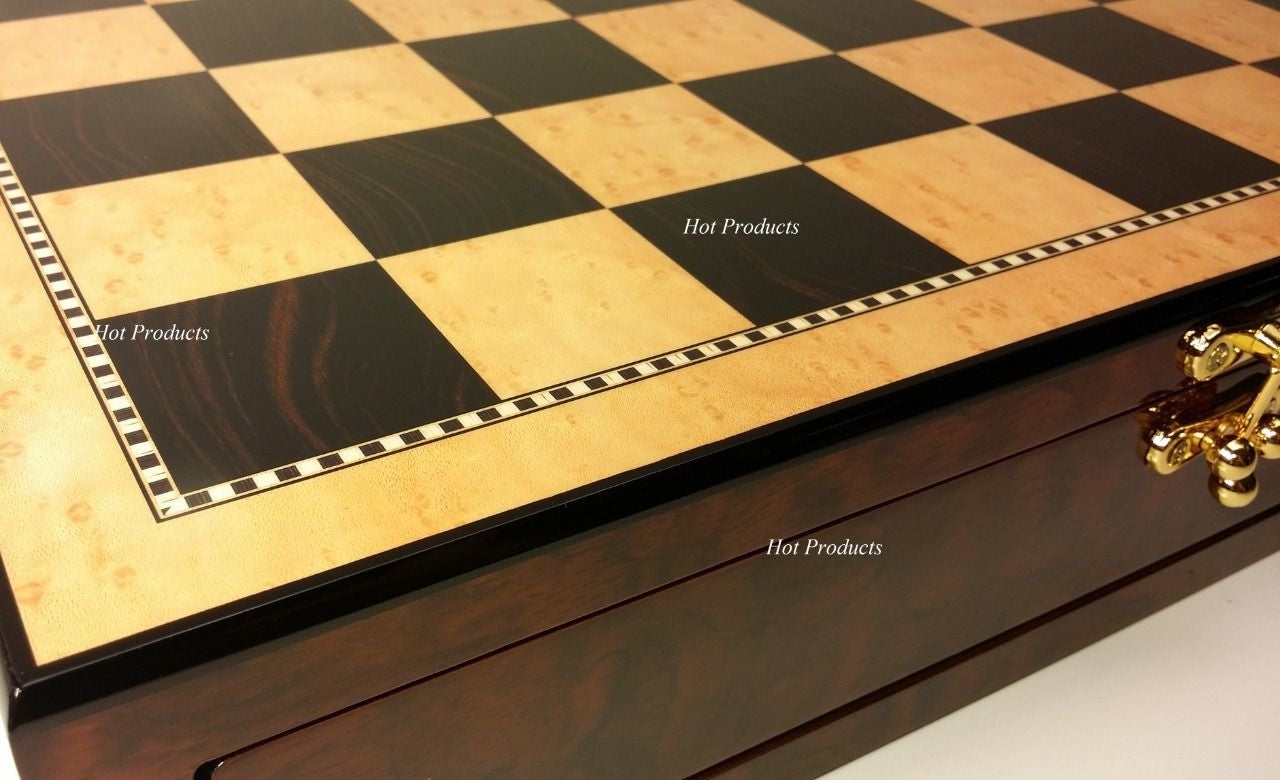 20" LARGE HIGH GLOSS STORAGE CHESS BOARD Walnut & Birdseye Maple Color