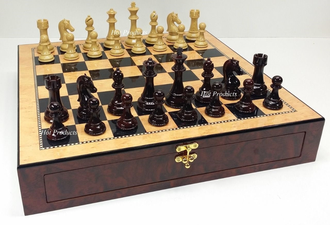 LARGE Staunton High Gloss CHESS SET W 4 1/4" KING 20" Walnut Color Storage Board