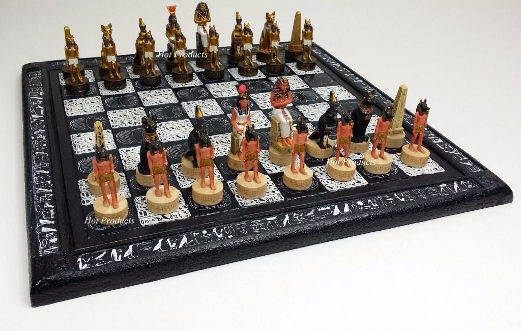 Egyptian Anubis Chess Set Gold & Buff Men W/ 16" Hieroglyphics EGYPT Board
