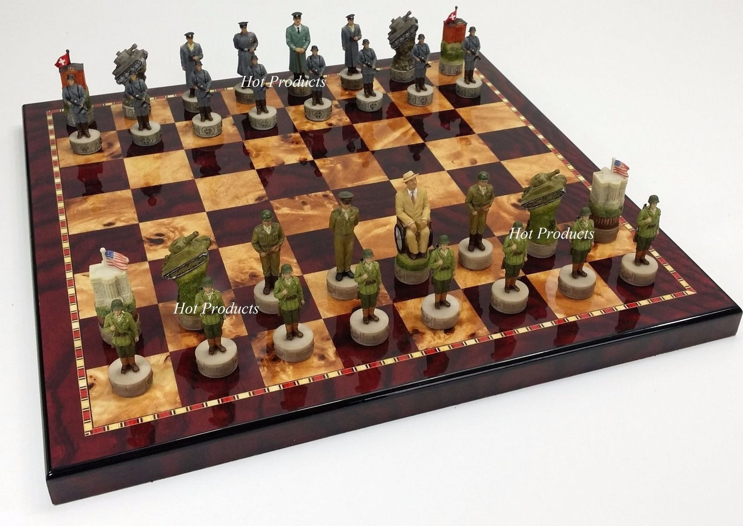 WW2 US vs GERMANY Chess Set W/ 18 Cherry & Burlwood Color Board World War 2