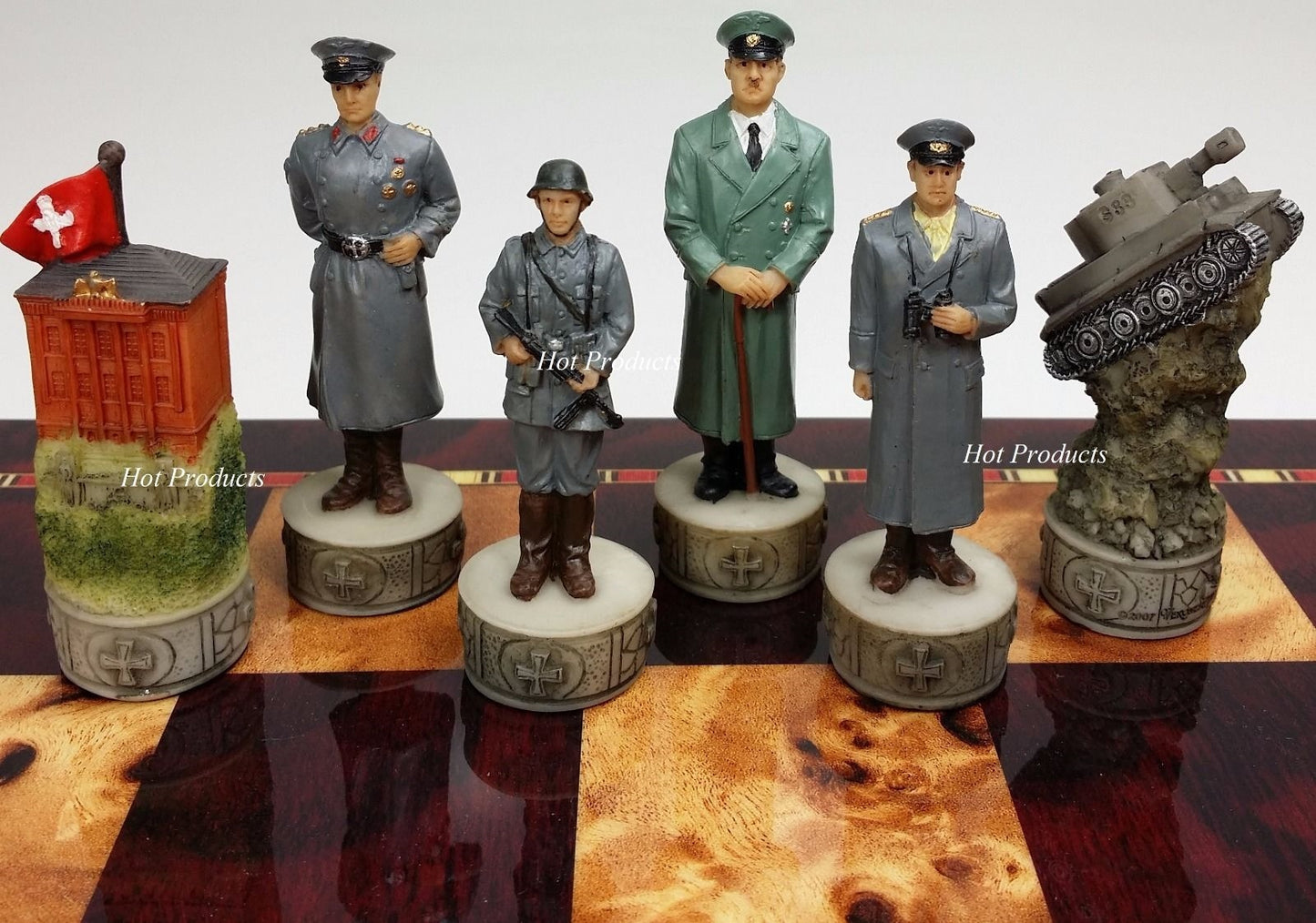 WW2 US vs GERMANY Chess Set W/ 18 Cherry & Burlwood Color Board World War 2