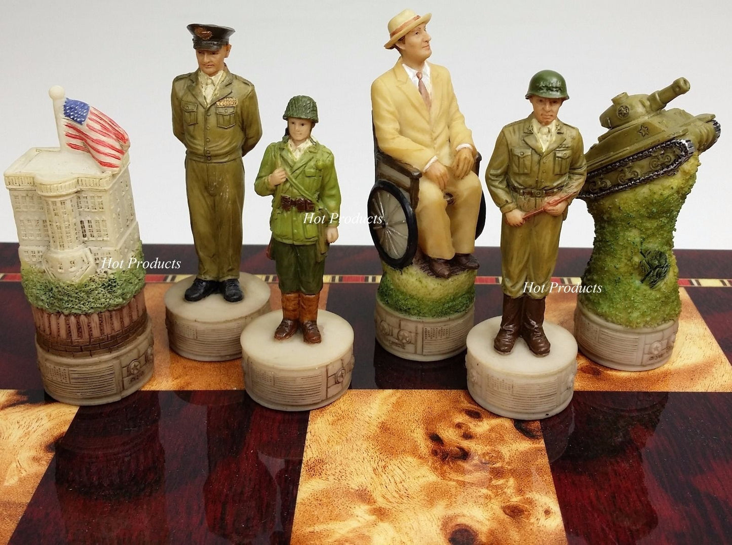 WW2 US vs GERMANY Chess Set W/ 18 Cherry & Burlwood Color Board World War 2