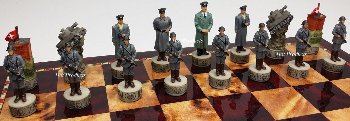 WW2 US vs GERMANY Chess Set W/ 18 Cherry & Burlwood Color Board World War 2