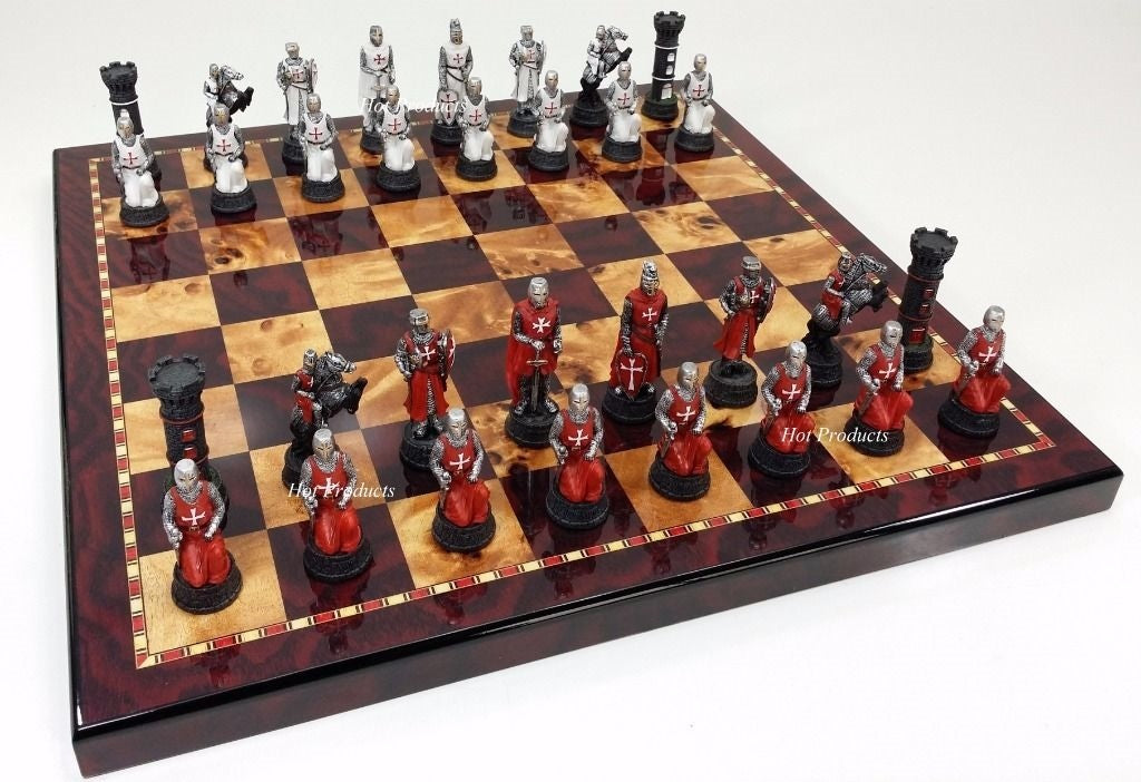 Medieval Times Crusades WARRIOR Red & White Chess Set W/ 18" CHERRY COLOR Board