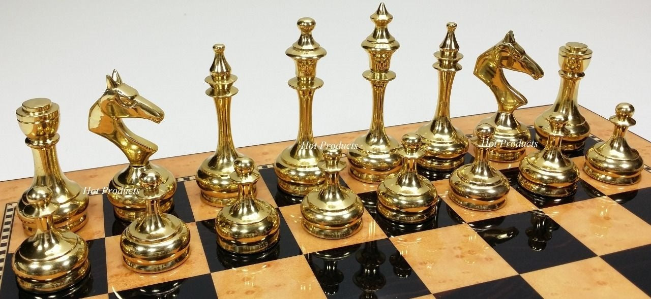 Brass Metal Gold & Black Modern Slim STAUNTON Chess Set 15" Walnut Color Board