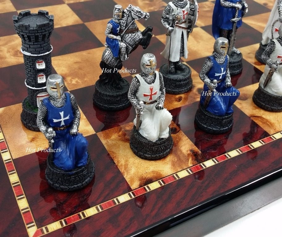 Medieval Times Crusade Blue White Maltese Knight Chess Set 18 Cherry Color Board