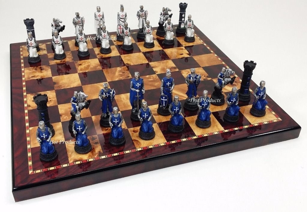 Medieval Times Crusade Blue White Maltese Knight Chess Set 18 Cherry Color Board