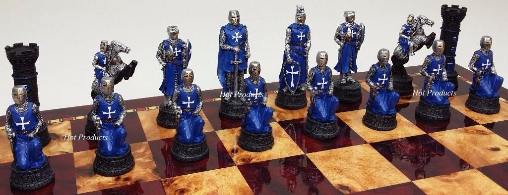 Medieval Times Crusade Blue White Maltese Knight Chess Set 18 Cherry Color Board