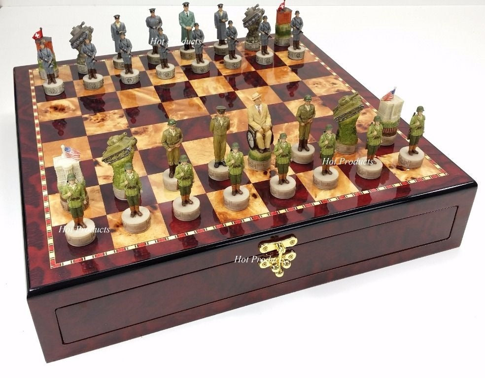 WW2 US vs GERMANY CHESS SET W/ 17" CHERRY COLOR GLOSS Storage Board World War 2