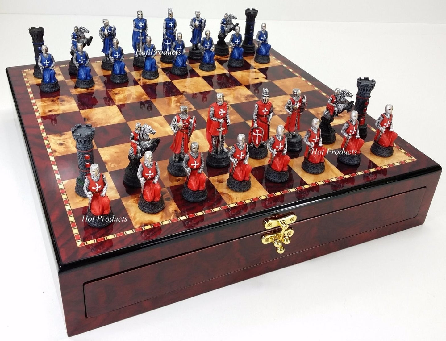 Medieval Times Crusade Red Blue Maltese Chess Set 17" Cherry Color Storage Board