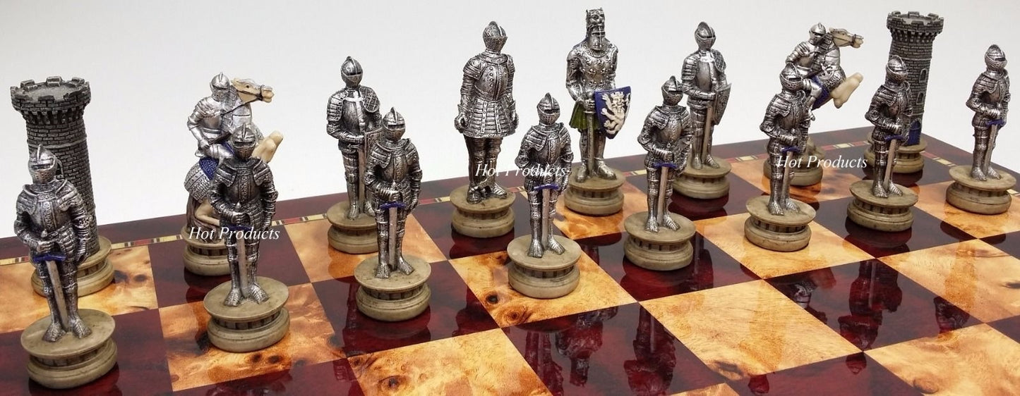 Medieval Times Crusades ARMORED KNIGHT Chess Set Cherry Color Storage Board
