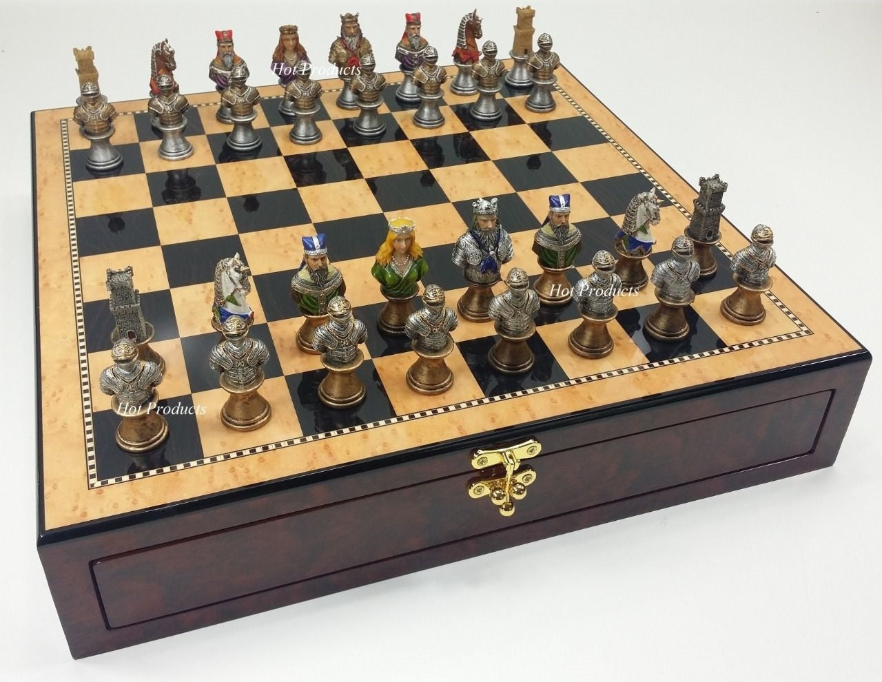 Medieval Times Crusades Busts PAINTED Chess Set Walnut Maple Color Storage Board