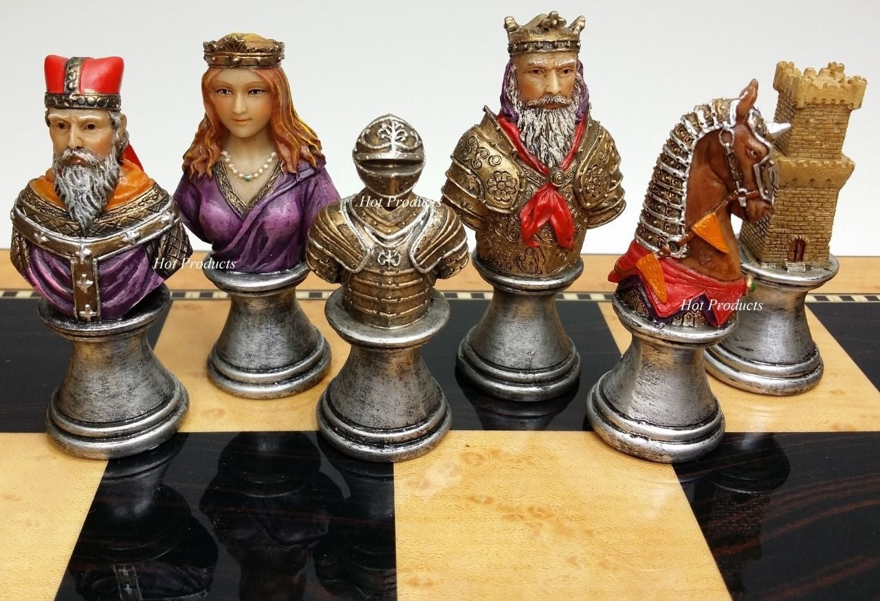 Medieval Times Crusades Busts PAINTED Chess Set Walnut Maple Color Storage Board