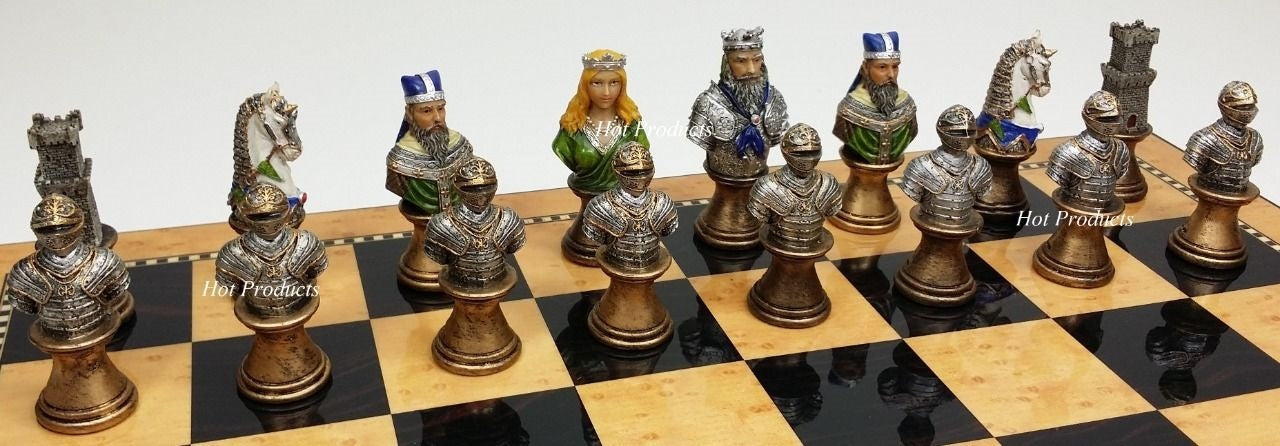 Medieval Times Crusades Busts PAINTED Chess Set Walnut Maple Color Storage Board