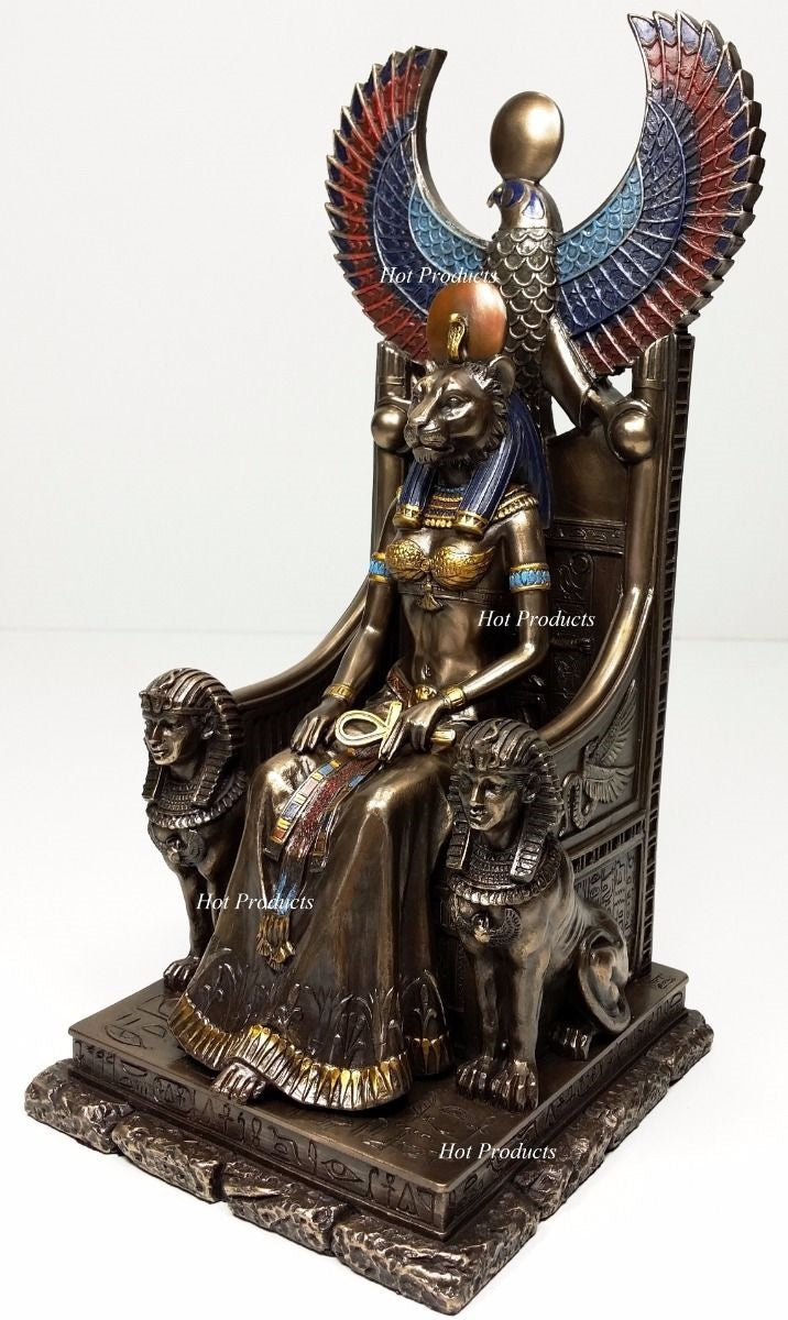 Egyptian Goddess Sekhmet Sitting on Throne Statue Sculpture Antique Bronze Color