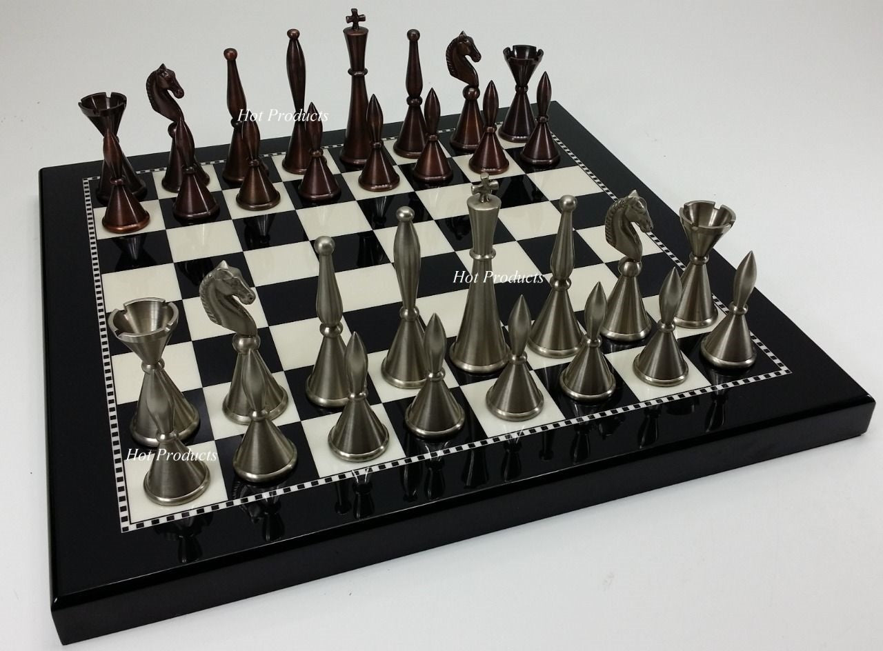 Brass Metal Modern Art Deco Staunton Chess Set W/ 15" Black & White Gloss Board
