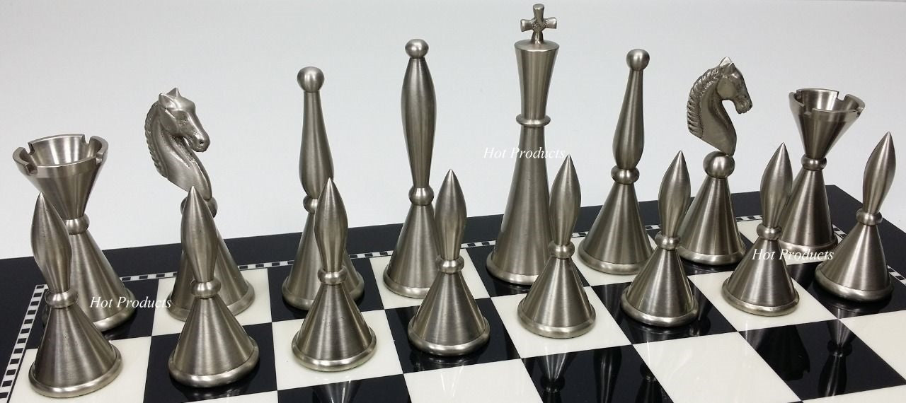 Brass Metal Modern Art Deco Staunton Chess Set W/ 15" Black & White Gloss Board