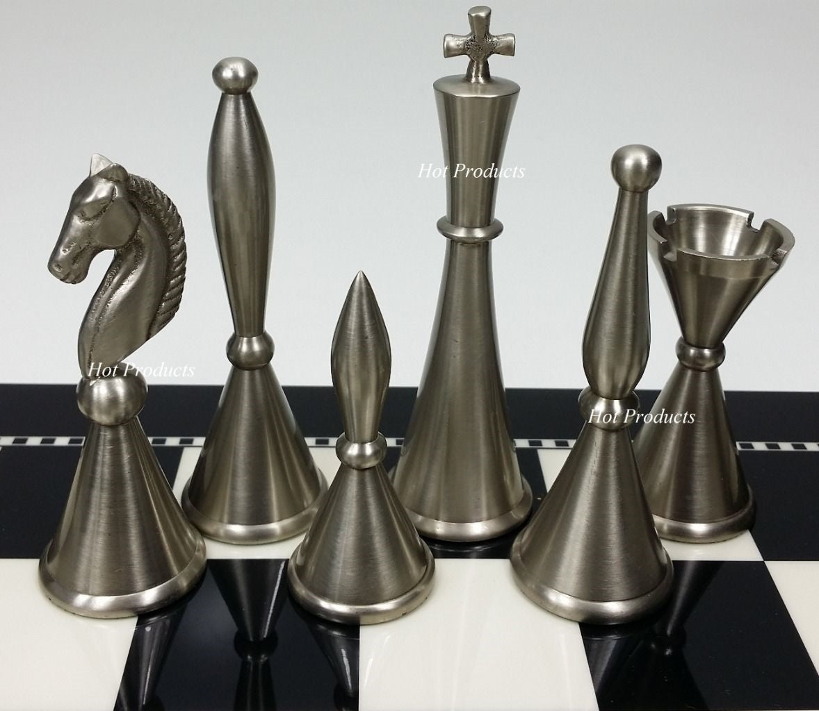 Brass Metal Modern Art Deco Staunton Chess Set W/ 15" Black & White Gloss Board