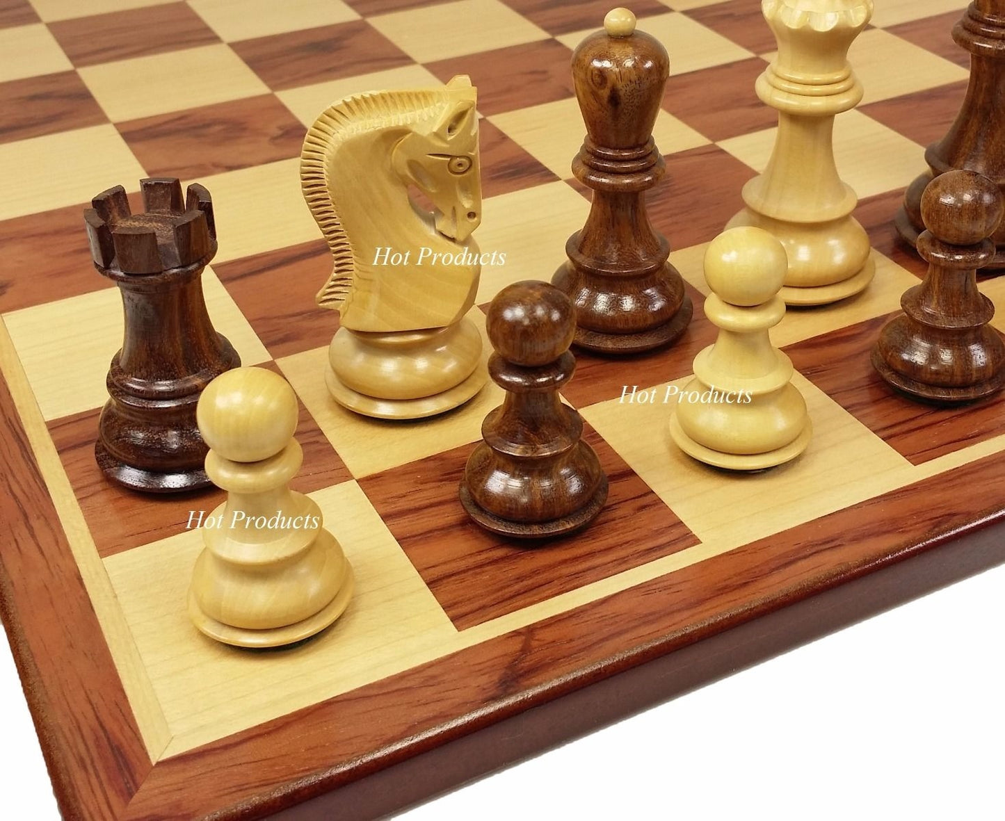 4 Queens Acacia Opposite Tops 3 3/4" Kg Staunton Wood Chess Set 17" Padauk Bd
