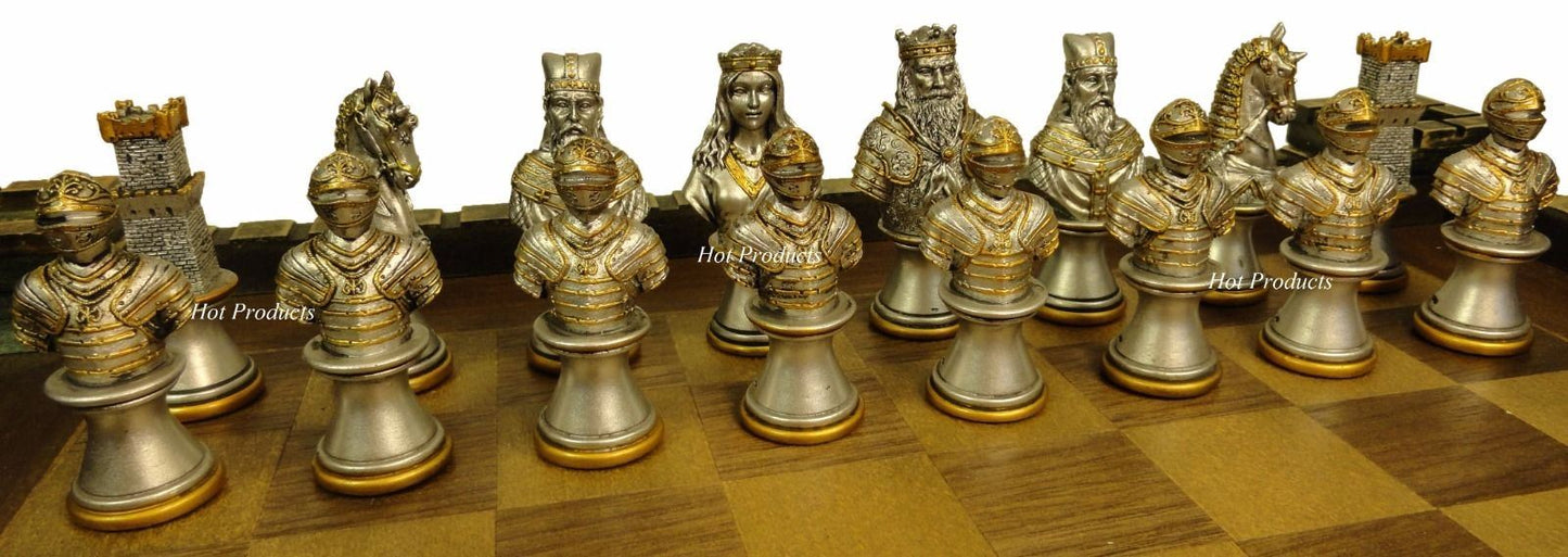 Medieval Times Crusades Busts Gold & Silver Knights Chess Set W/ Castle Board