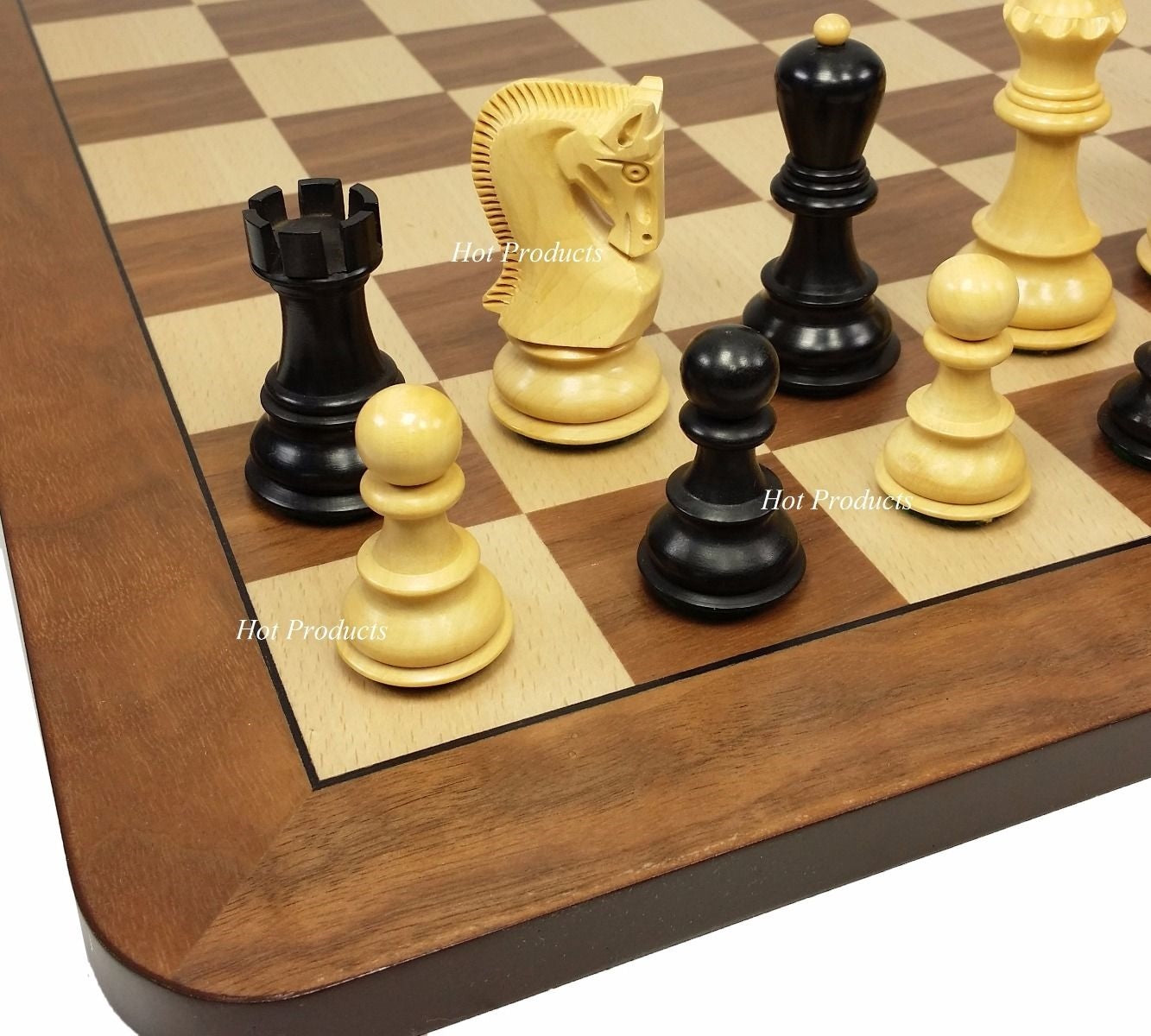 4 QN BLACK RUSSIAN Opp Tops 3 3/4" King Staunton Wood Chess Set Walnut Bd 19"