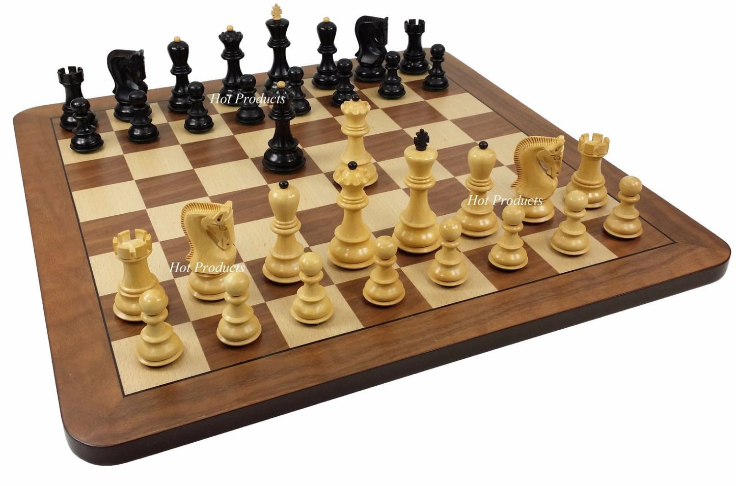 4 QN BLACK RUSSIAN Opp Tops 3 3/4" King Staunton Wood Chess Set Walnut Bd 19"