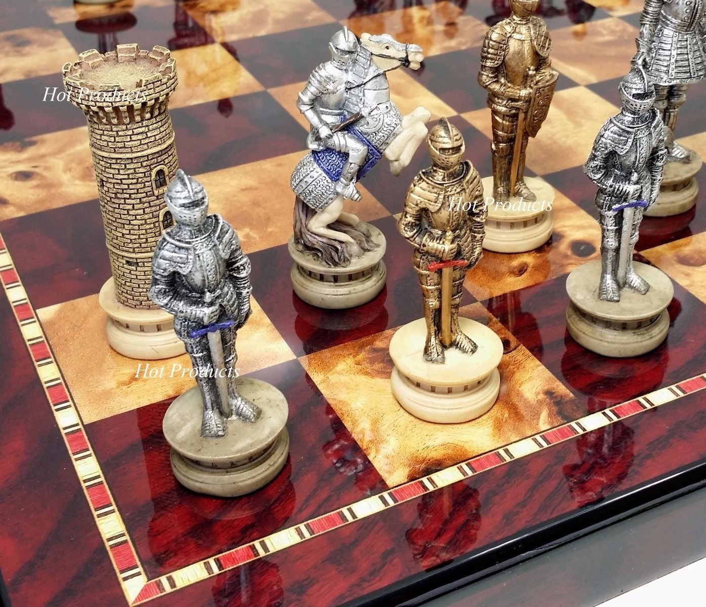 Medieval Times Crusades Gold Silver Armored Knight Chess Set Cherry Color Board