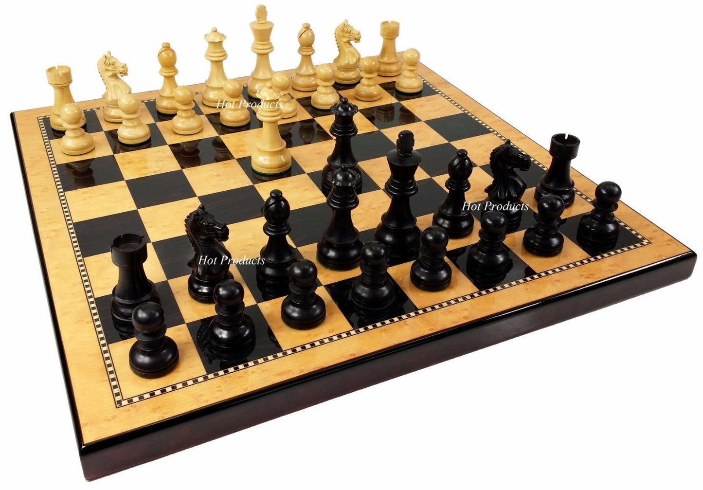 4 Qn BLACK Supreme Knight 3 3/4 King Staunton Wood Chess Set Gloss Walnut Board