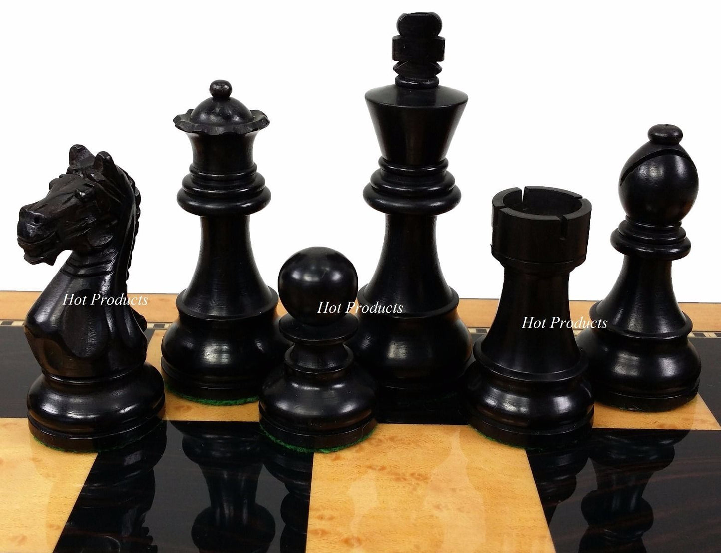 4 Qn BLACK Supreme Knight 3 3/4 King Staunton Wood Chess Set Gloss Walnut Board