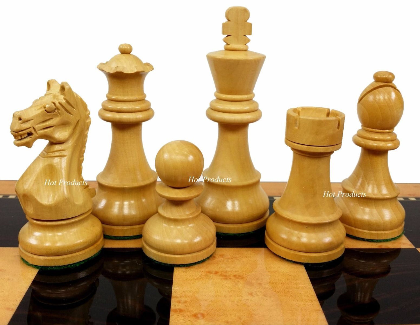 4 Qn BLACK Supreme Knight 3 3/4 King Staunton Wood Chess Set Gloss Walnut Board