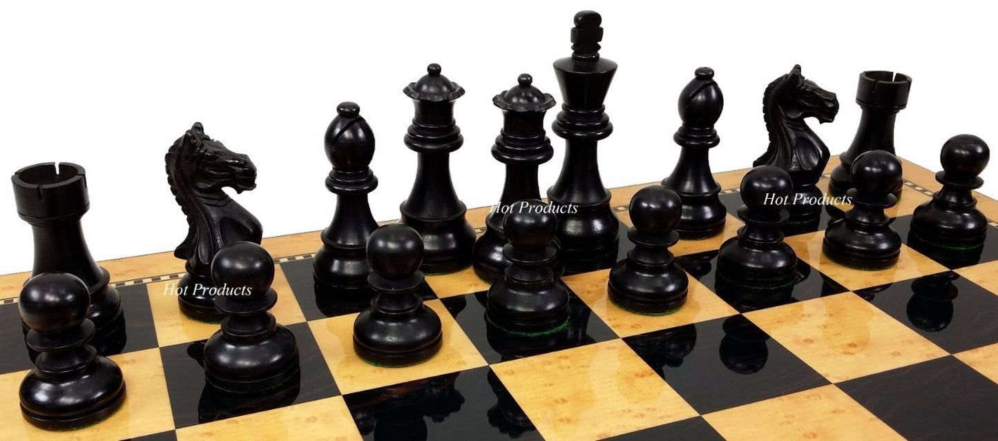 4 Qn BLACK Supreme Knight 3 3/4 King Staunton Wood Chess Set Gloss Walnut Board