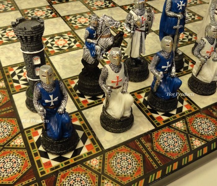 Medieval Times Crusades Blue White Maltese Knight Chess Set 17" Mosaic Color BD