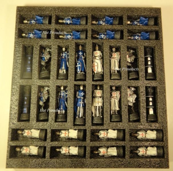 Medieval Times Crusades Blue White Maltese Knight Chess Set 17" Mosaic Color BD
