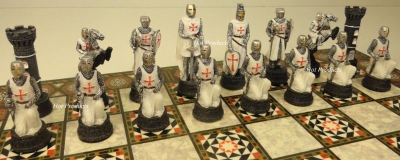 Medieval Times Crusades Blue White Maltese Knight Chess Set 17" Mosaic Color BD