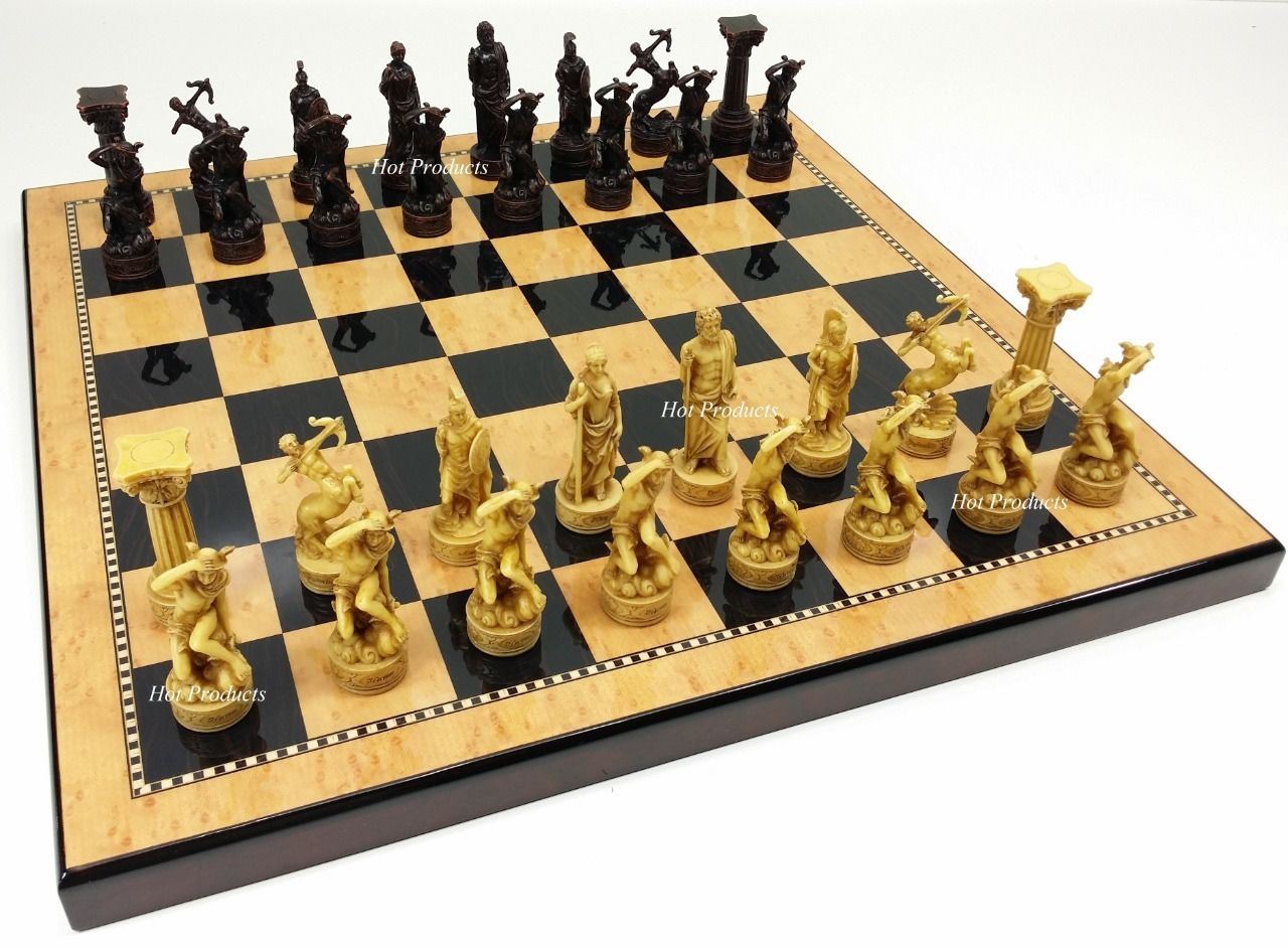 Greek Roman Mythology Gods Chess Set 18" Walnut Birdseye Maple Color Board