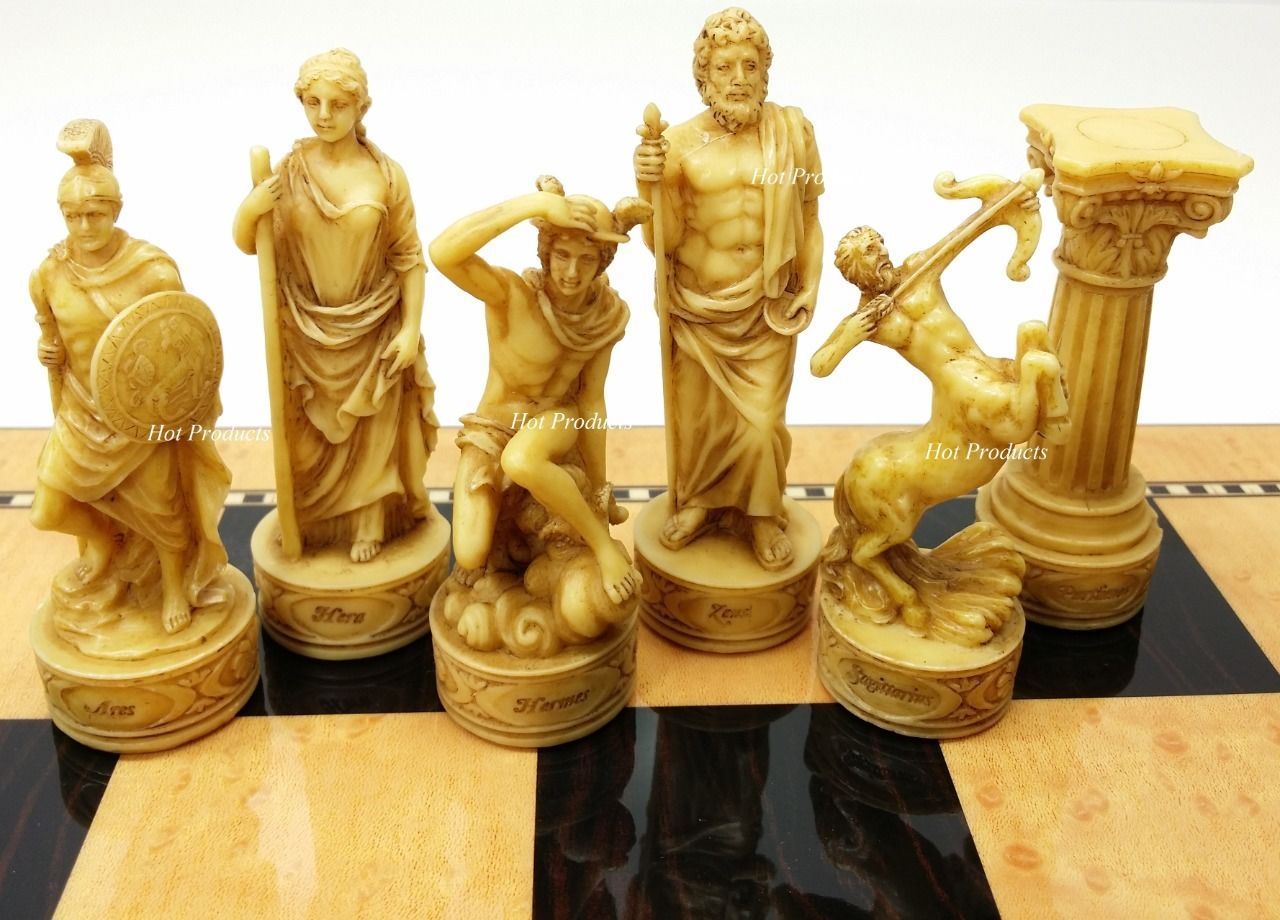 Greek Roman Mythology Gods Chess Set 18" Walnut Birdseye Maple Color Board