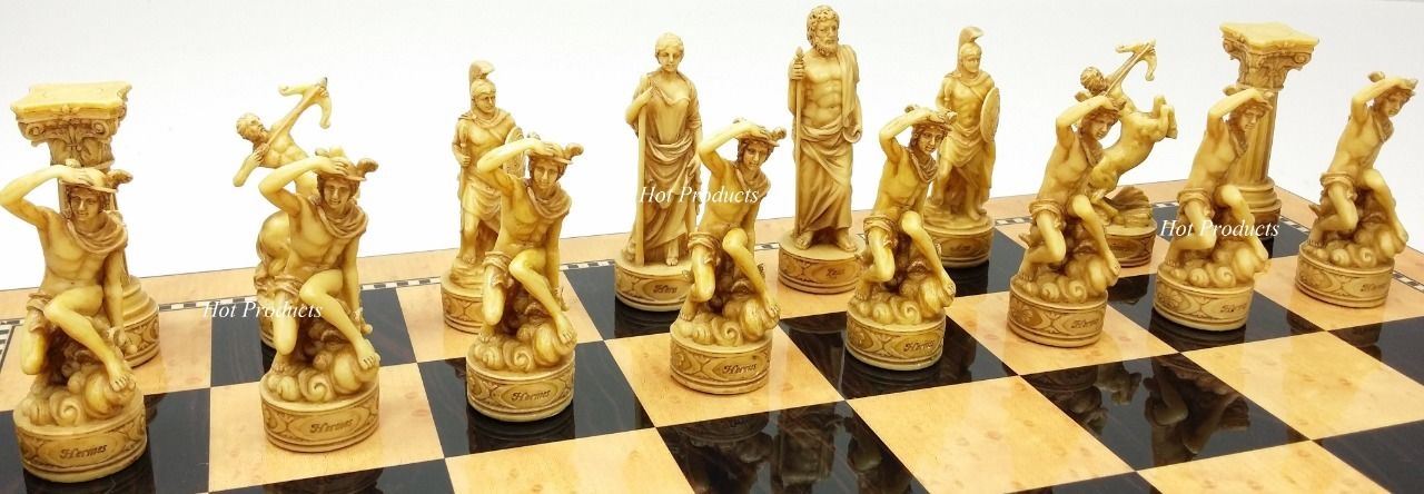 Greek Roman Mythology Gods Chess Set 18" Walnut Birdseye Maple Color Board