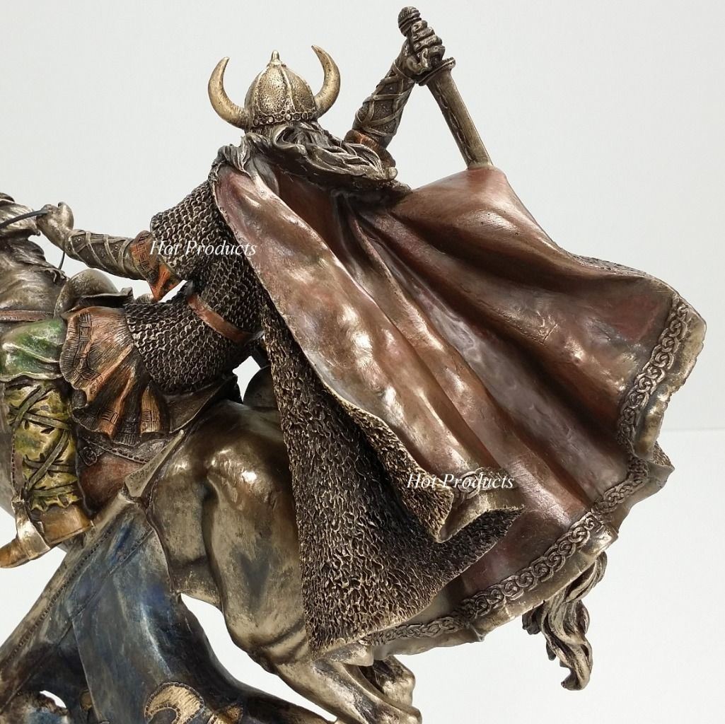 10" NEW VIKING WARRIOR Rearing on Horse Statue / Sculpture Antique Bronze Finish