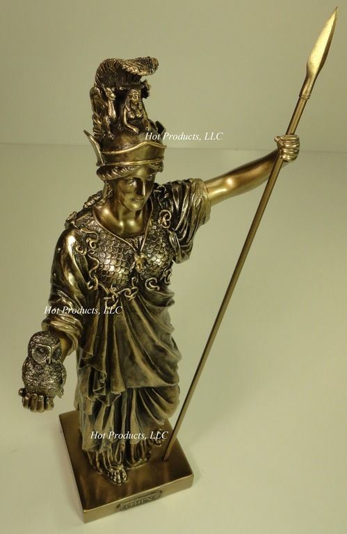 13" Athena Goddess of Wisdom W/ SPEAR OWL Greek Mythology Statue Bronze Color