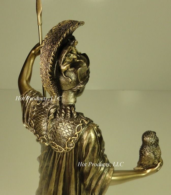 13" Athena Goddess of Wisdom W/ SPEAR OWL Greek Mythology Statue Bronze Color