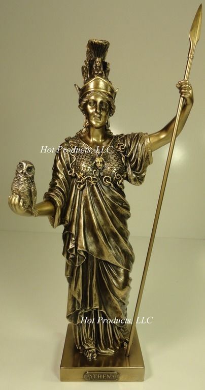 13" Athena Goddess of Wisdom W/ SPEAR OWL Greek Mythology Statue Bronze Color