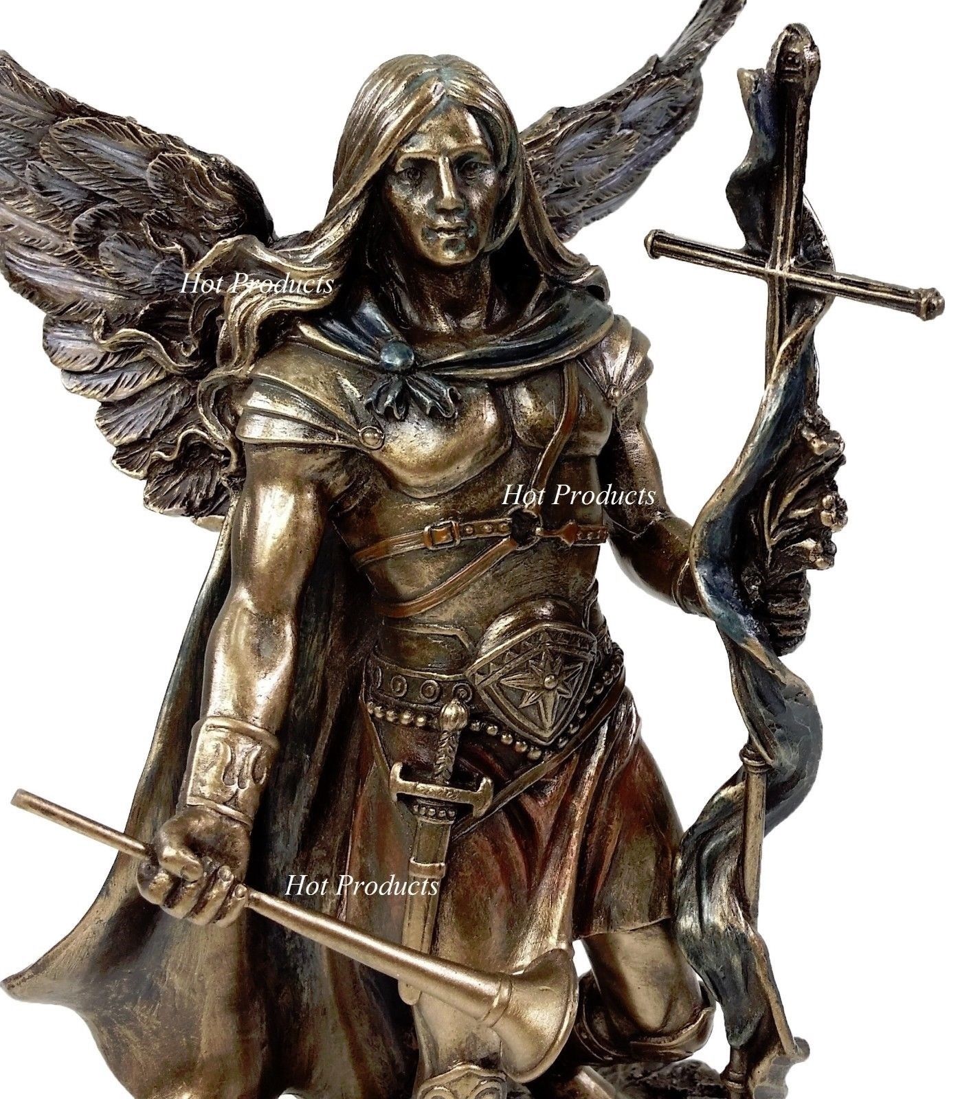 9" St Gabriel Archangel w Horn & Cross Statue / Sculpture Antique Bronze Color