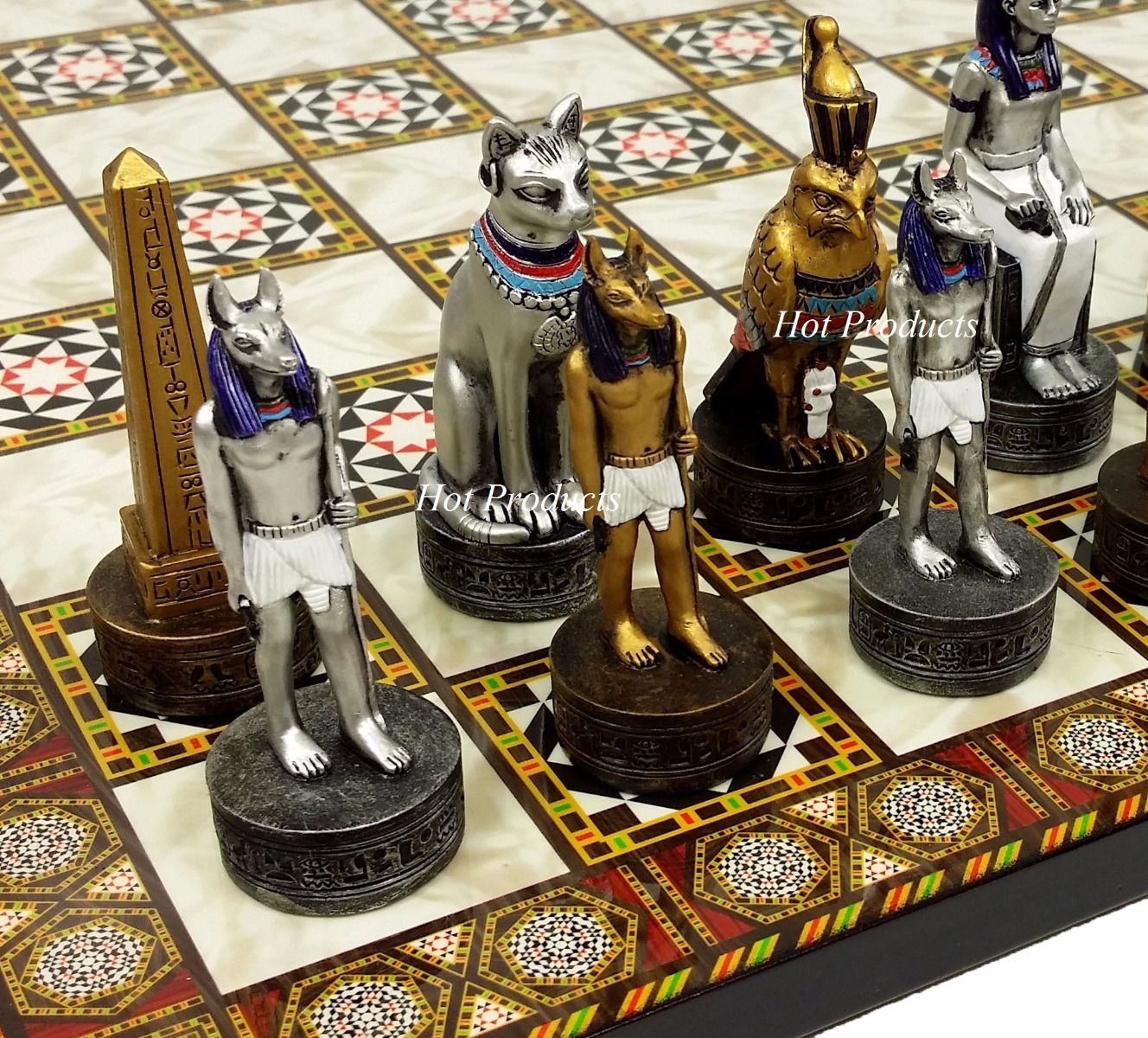 Egyptian Anubis Chess Set Gold & Silver Painted Men W 14 1/2" Mosaic Color Board