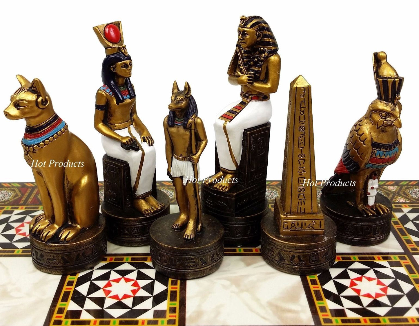 Egyptian Anubis Chess Set Gold & Silver Painted Men W 14 1/2" Mosaic Color Board