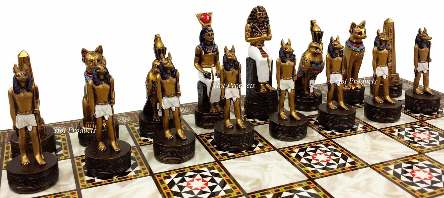 Egyptian Anubis Chess Set Gold & Silver Painted Men W 14 1/2" Mosaic Color Board