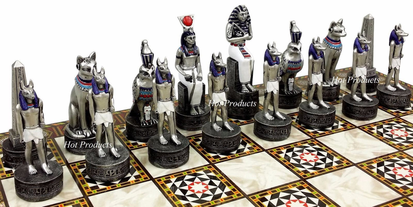 Egyptian Anubis Chess Set Gold & Silver Painted Men W 14 1/2" Mosaic Color Board