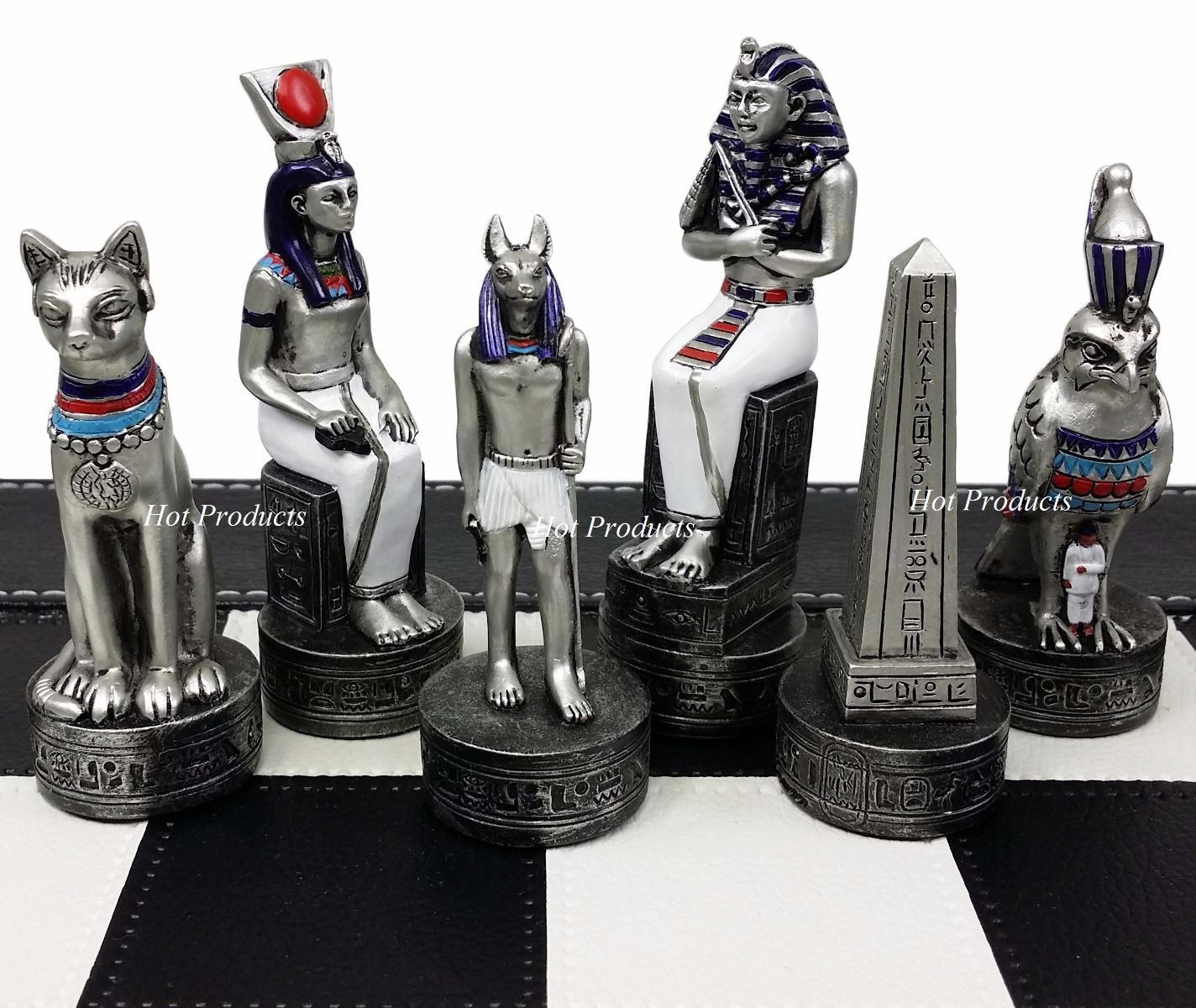 Egyptian Anubis Chess Set Gold & Silver Painted Men with 18" Faux Leather Board