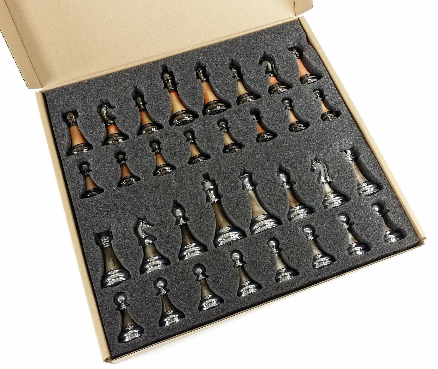 Staunton Chrome & Black Pro Plastic Chess Men Set W 18" Gloss Walnut Color Board